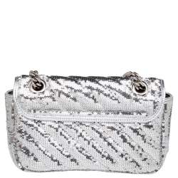 Pre Owned Gucci Silver Diagonal Sequins And Leather Mini GG Marmont Shoulder Bag