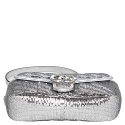Pre Owned Gucci Silver Diagonal Sequins And Leather Mini GG Marmont Shoulder Bag