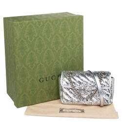 Pre Owned Gucci Silver Diagonal Sequins And Leather Mini GG Marmont Shoulder Bag