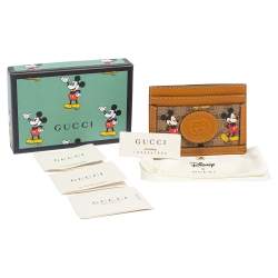 Pre Owned Gucci x Disney Tan Leather and GG Supreme Canvas Mickey Mouse Card Holder