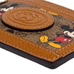 Pre Owned Gucci x Disney Tan Leather and GG Supreme Canvas Mickey Mouse Card Holder