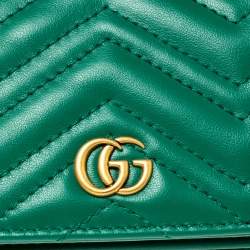 Pre Owned Gucci Green Matelassé Leather GG Marmont Card Case