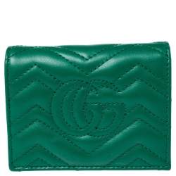 Pre Owned Gucci Green Matelassé Leather GG Marmont Card Case