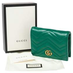 Pre Owned Gucci Green Matelassé Leather GG Marmont Card Case