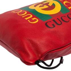 Pre Owned Gucci Red Leather Logo Drawstring Backpack