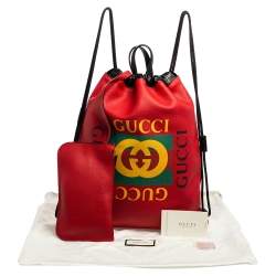 Pre Owned Gucci Red Leather Logo Drawstring Backpack