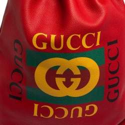 Pre Owned Gucci Red Leather Logo Drawstring Backpack