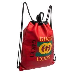 Pre Owned Gucci Red Leather Logo Drawstring Backpack
