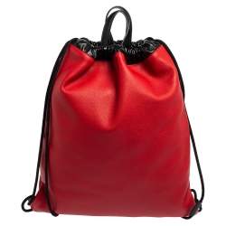 Pre Owned Gucci Red Leather Logo Drawstring Backpack