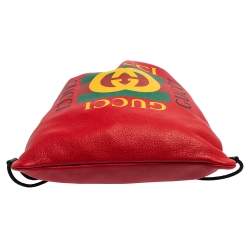 Pre Owned Gucci Red Leather Logo Drawstring Backpack