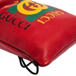 Pre Owned Gucci Red Leather Logo Drawstring Backpack