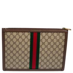 Pre Owned Gucci Beige/Brown GG Supreme Canvas and Leather Ophidia Pouch