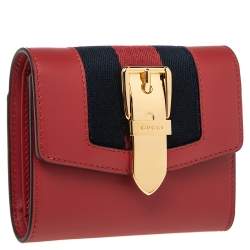 Gucci Red Leather Sylvie Trifold Compact Wallet