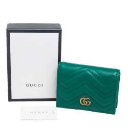Pre Owned Gucci Green Matelassé Leather GG Marmont Card Case