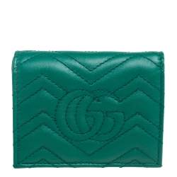 Pre Owned Gucci Green Matelassé Leather GG Marmont Card Case