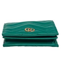 Pre Owned Gucci Green Matelassé Leather GG Marmont Card Case