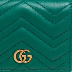Pre Owned Gucci Green Matelassé Leather GG Marmont Card Case