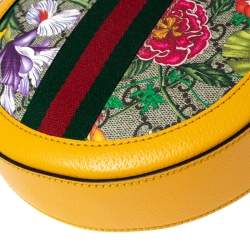 Pre Owned Gucci Mustard GG Supreme Canvas and Leather Mini Ophidia Floral Round Bag