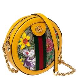 Pre Owned Gucci Mustard GG Supreme Canvas and Leather Mini Ophidia Floral Round Bag