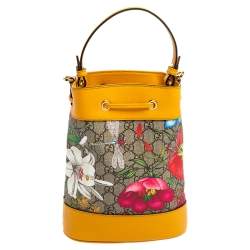 Pre Owned Gucci Mustard GG Supreme Canvas and Leather Small Ophidia Floral Bucket Bag