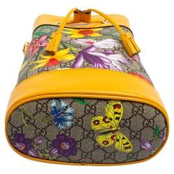 Pre Owned Gucci Mustard GG Supreme Canvas and Leather Small Ophidia Floral Bucket Bag