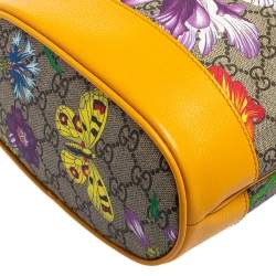 Pre Owned Gucci Mustard GG Supreme Canvas and Leather Small Ophidia Floral Bucket Bag