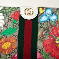 Pre Owned Gucci Off-White GG Supreme Canvas and Leather Small Ophidia Floral Chain Bag