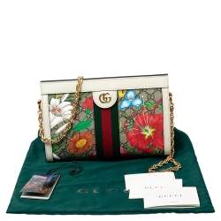 Pre Owned Gucci Off-White GG Supreme Canvas and Leather Small Ophidia Floral Chain Bag