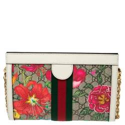 Pre Owned Gucci Off-White GG Supreme Canvas and Leather Small Ophidia Floral Chain Bag