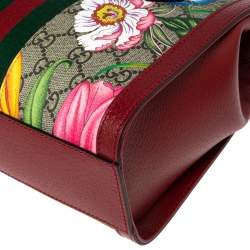 Pre Owned Gucci Red GG Supreme Canvas and Leather Small Ophidia Floral Tote Bag 