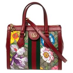 Pre Owned Gucci Red GG Supreme Canvas and Leather Small Ophidia Floral Tote Bag 