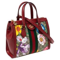 Pre Owned Gucci Red GG Supreme Canvas and Leather Small Ophidia Floral Tote Bag 