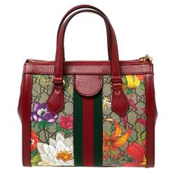 Pre Owned Gucci Red GG Supreme Canvas and Leather Small Ophidia Floral Tote Bag 