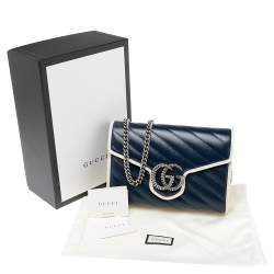 Gucci Navy Blue Diagonal Quilt Leather GG Marmont Torchon Wallet on Chain