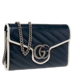 Gucci Navy Blue Diagonal Quilt Leather GG Marmont Torchon Wallet on Chain