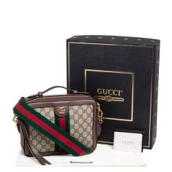 Pre Owned Gucci Brown/Beige GG Supreme Canvas and Leather Small Ophidia Square Top Handle Bag
