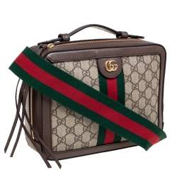 Pre Owned Gucci Brown/Beige GG Supreme Canvas and Leather Small Ophidia Square Top Handle Bag