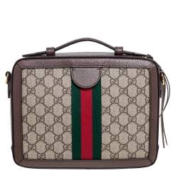 Pre Owned Gucci Brown/Beige GG Supreme Canvas and Leather Small Ophidia Square Top Handle Bag
