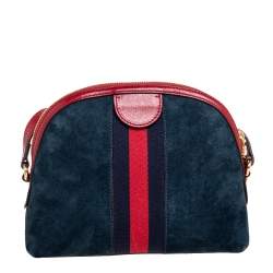 Pre Owned Gucci Navy Blue/Red Suede and Leather Small Ophidia Shoulder Bag