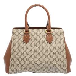 Pre Owned Gucci Beige/Brown GG Supreme Canvas And Leather Top Handle Bag