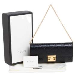 Pre Owned محفظة كونتينينتال غوتشي جلد غوتشيسيما سوداء بقفل وسلسلة