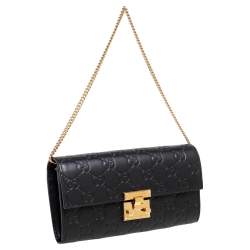 Pre Owned محفظة كونتينينتال غوتشي جلد غوتشيسيما سوداء بقفل وسلسلة