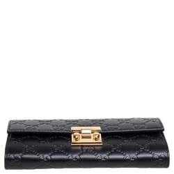 Pre Owned محفظة كونتينينتال غوتشي جلد غوتشيسيما سوداء بقفل وسلسلة