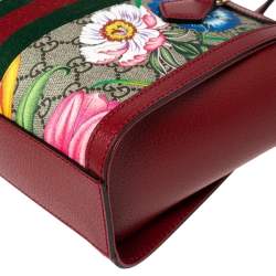 Pre Owned Gucci Red GG Supreme Canvas and Leather Small Ophidia Floral Tote 
