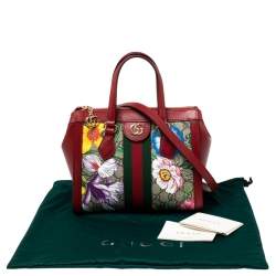 Pre Owned Gucci Red GG Supreme Canvas and Leather Small Ophidia Floral Tote 