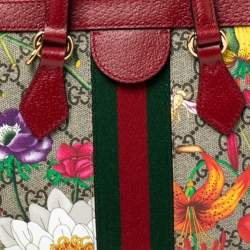 Pre Owned Gucci Red GG Supreme Canvas and Leather Small Ophidia Floral Tote 