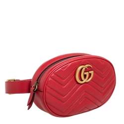 Pre Owned Gucci Red Matelassé Leather GG Marmont Belt Bag 