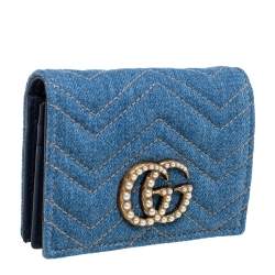 Pre Owned حامل بطاقة غوتشي دنيم ماتيلاس أزرق مارمونت جي جي مزين لؤلؤ