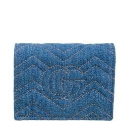 Pre Owned حامل بطاقة غوتشي دنيم ماتيلاس أزرق مارمونت جي جي مزين لؤلؤ