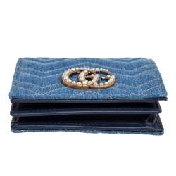 Pre Owned حامل بطاقة غوتشي دنيم ماتيلاس أزرق مارمونت جي جي مزين لؤلؤ